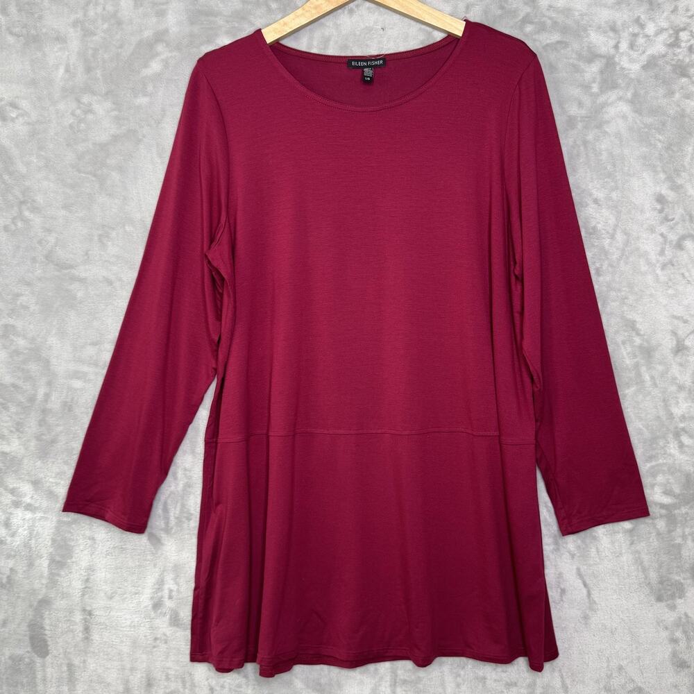 Eileen Fisher Top Womens Large Burgundy Long Sleeve Tunic Tencel Stretch USA